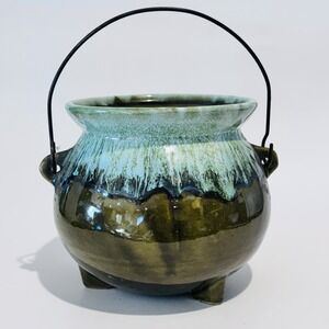 Vintage 60s Hull Pottery Green‎ Drip Glaze Bean Pot w/Wire Handle Rustic Decor